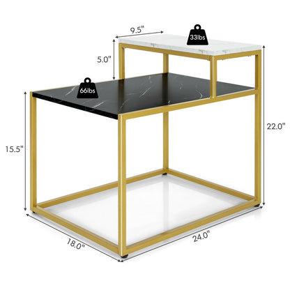 Mesa Auxiliar de 2 Niveles con Marco de Metal y Estante de Almacenamiento para Sala de Estar-Blanco