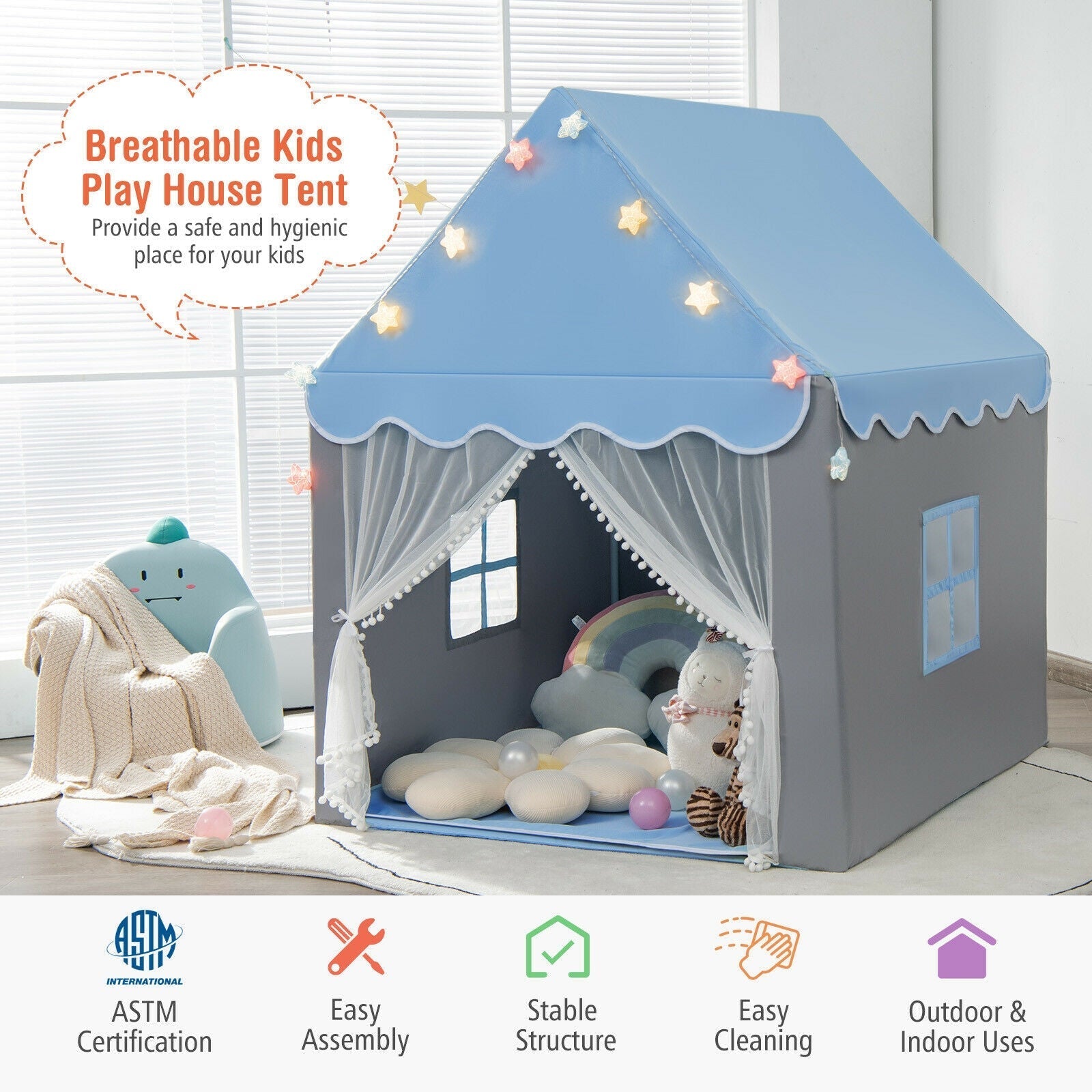 GemGear Kids Playhouse Tent in blue with scalloped trim and star lights on Tampa Home & Garden Store