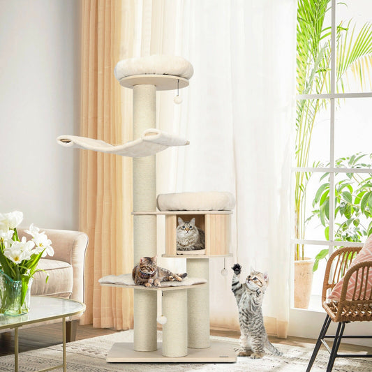 4-Layer 68.5-Inch Wooden Cat Tree Condo Activity Tower with Sisal Posts-Natural - Tampa Home & Garden Store