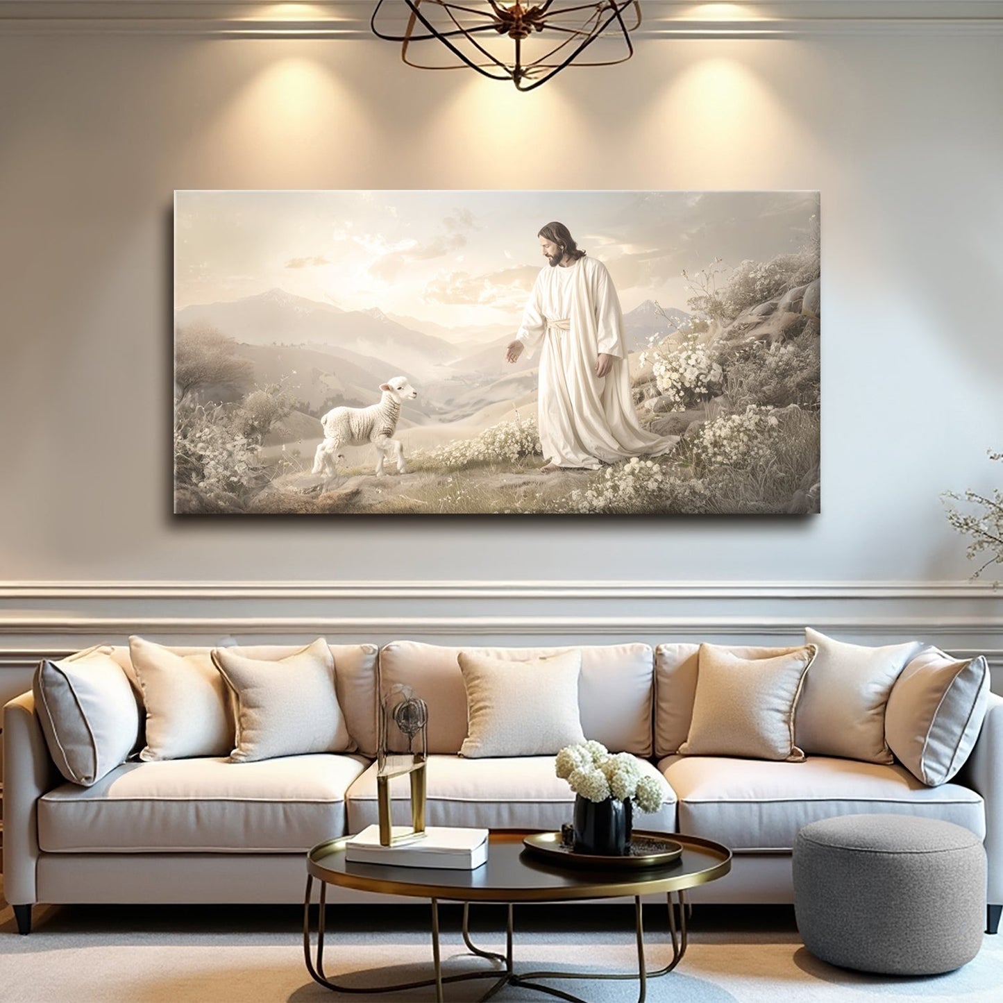Jesus Protects The Lamb From Wolves Faith Wall Art X canvas by Tailored Canvases, beige scene on Tampa Home & Garden Store