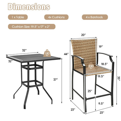Juego de mesa de bar y taburetes de ratán para exteriores de 5 piezas con cojines