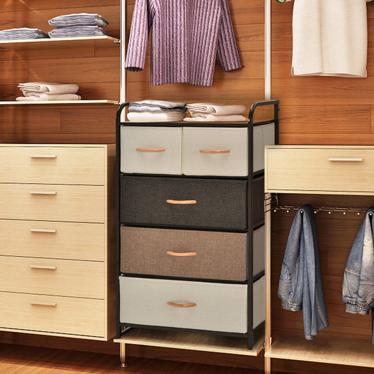 Torre organizadora de 4 niveles con marco de acero, tapa de madera y cómoda de 5 cajones - Multicolor