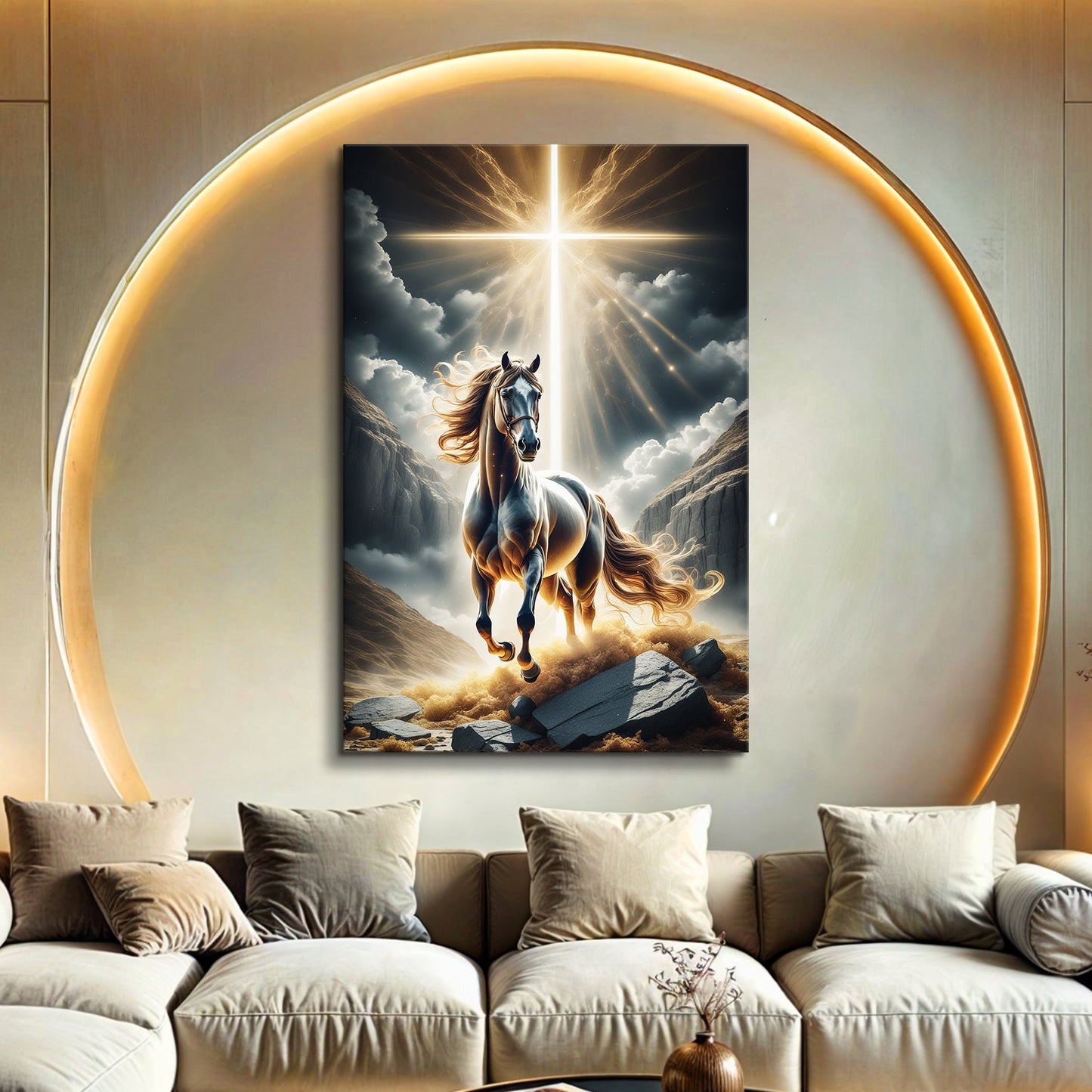 3D Horse Faith Wall Art II canvas by Tailored Canvases; horse on rocks with cross light on Tampa Home & Garden Store