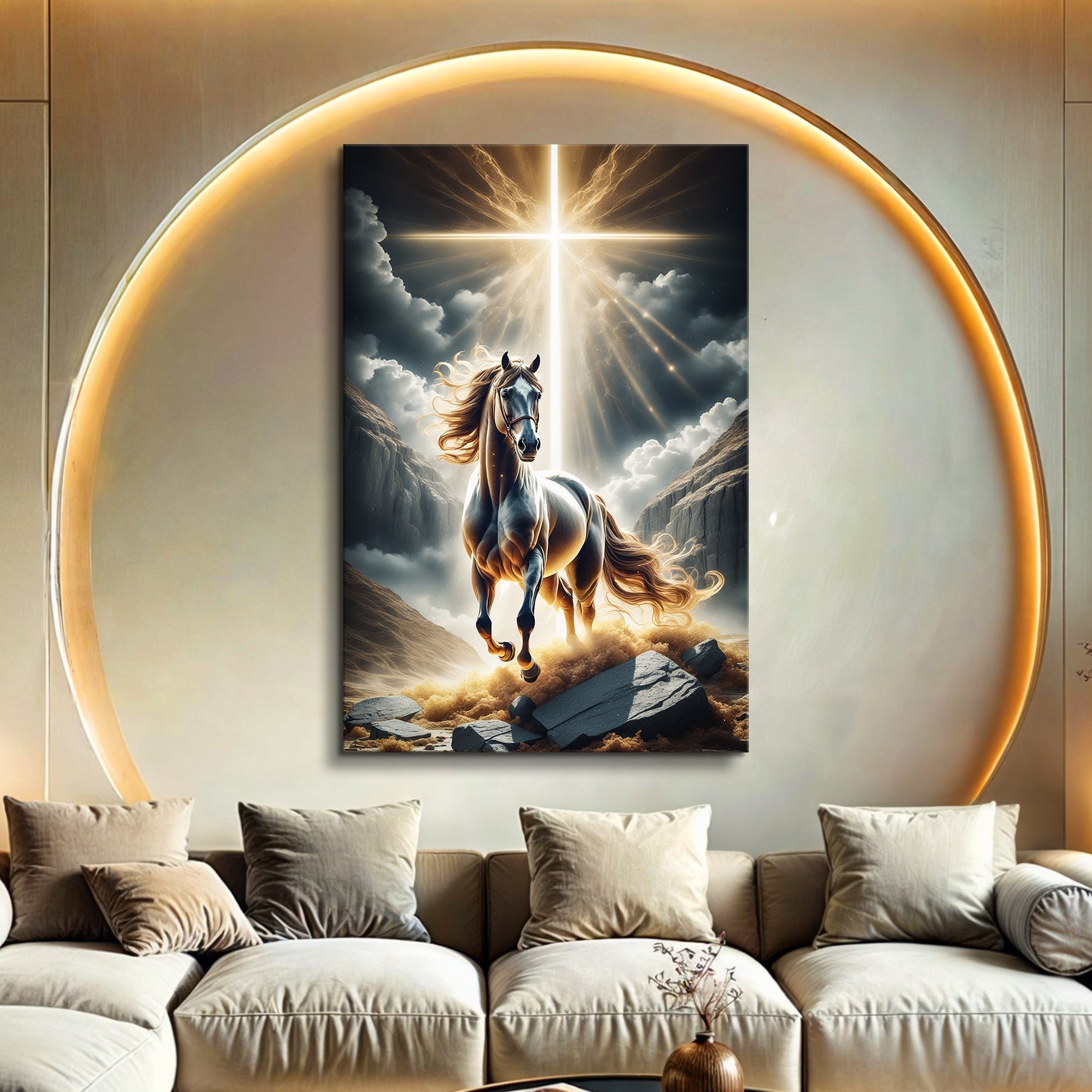 3D Horse Faith Wall Art II canvas by Tailored Canvases; horse on rocks with cross light on Tampa Home & Garden Store