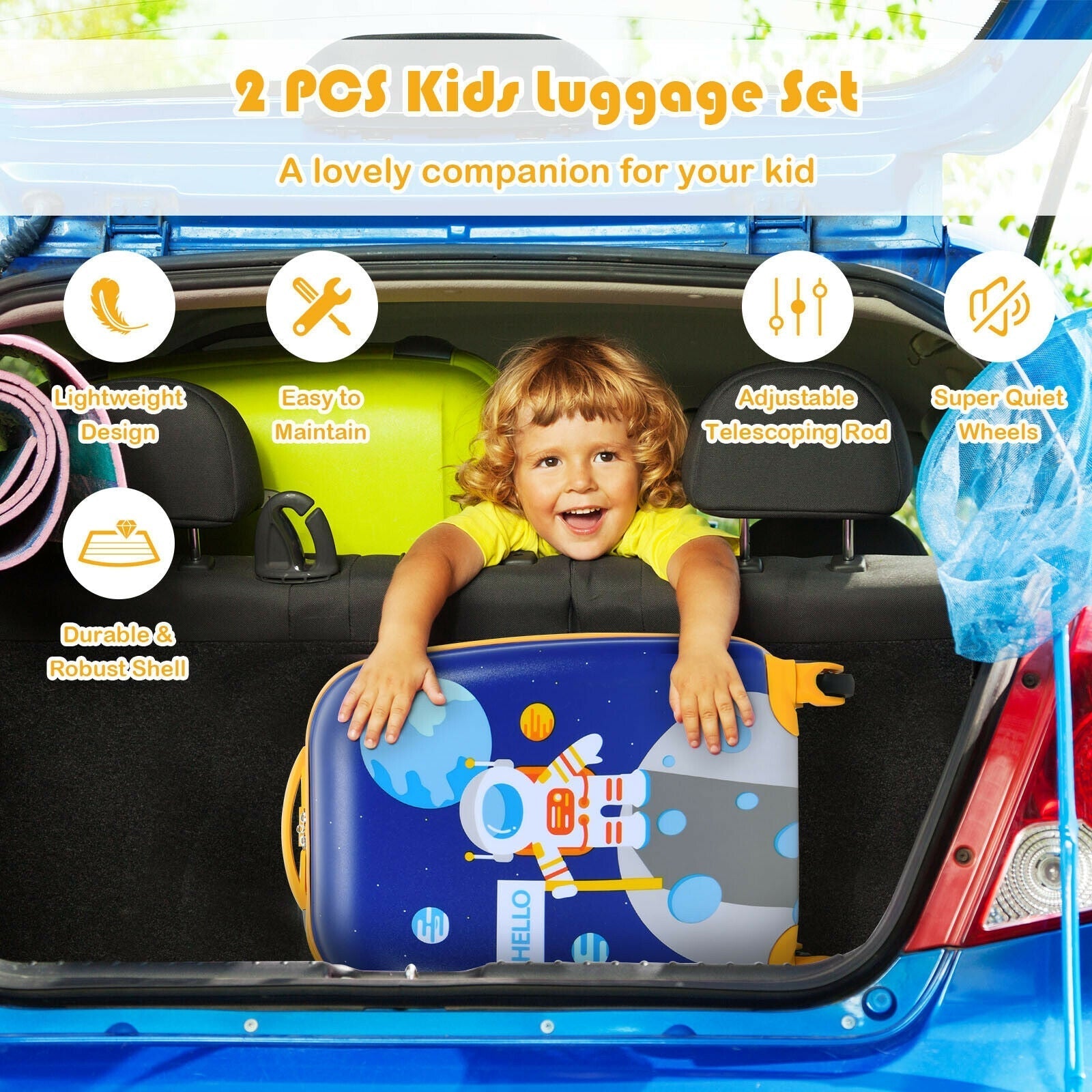 GemGear 2pc kids luggage set: blue space-themed suitcase and lime suitcase in car trunk on Tampa Home & Garden Store