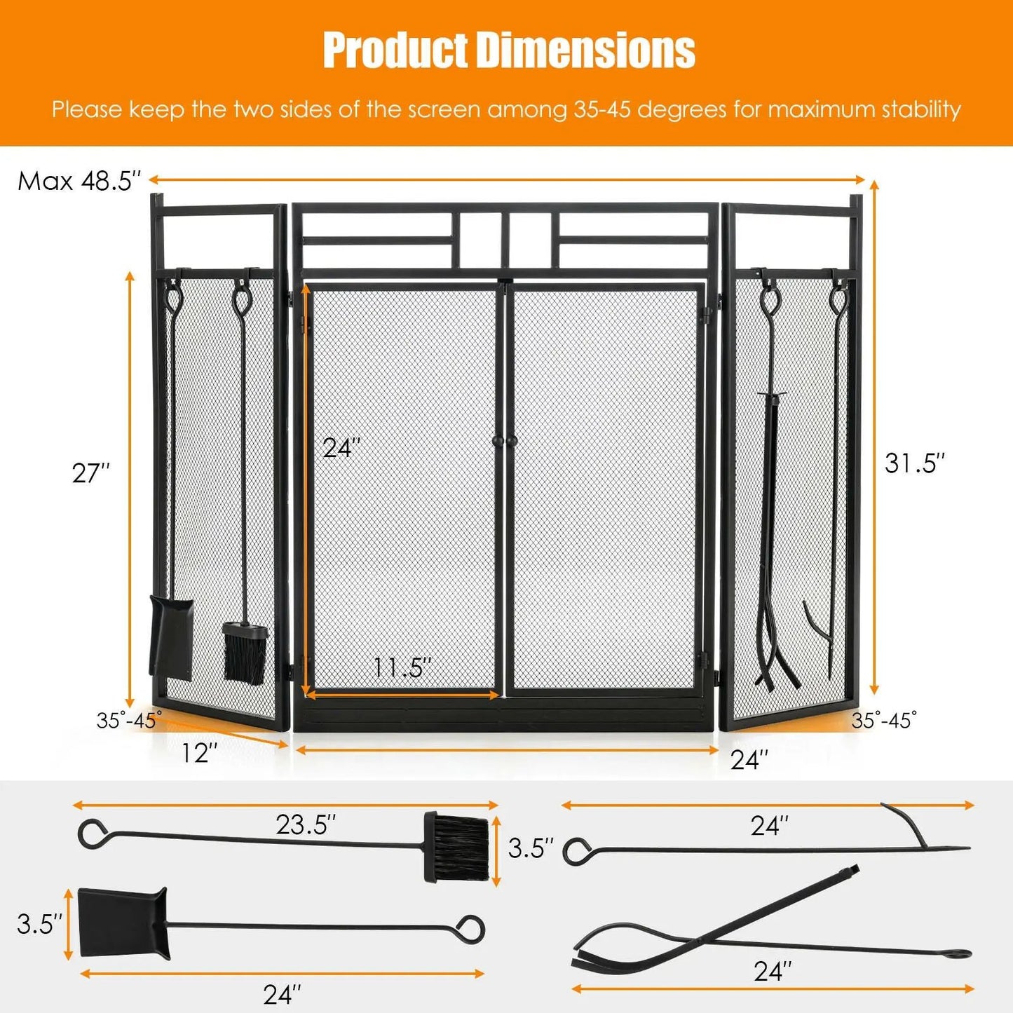 Three Panel Folding Wrought Iron Fireplace Screen
