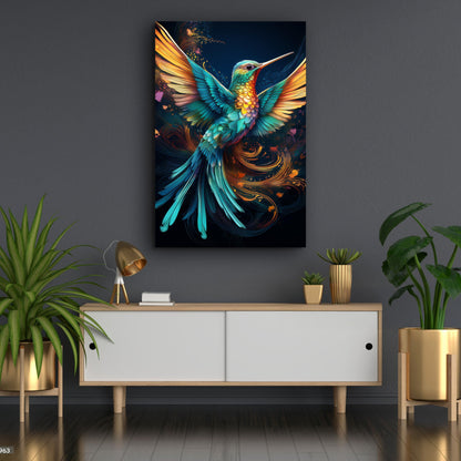 Humming Bird Abstract Wall Art II canvas by Tailored Canvases, teal and orange hummingbird on Tampa Home & Garden Store