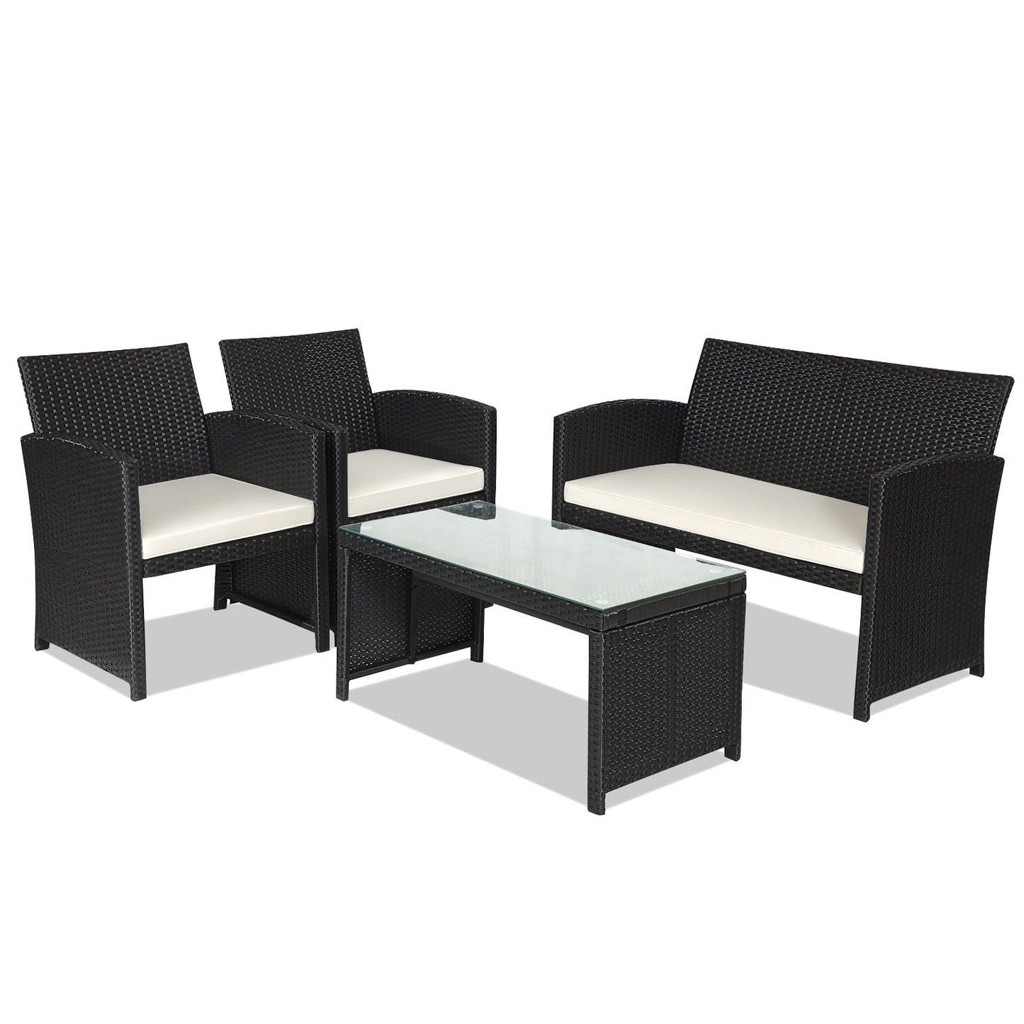 Juego de Muebles de Patio de Ratán de 4 Piezas con Cojines Resistentes al Clima y Mesa con Cubierta de Vidrio Templado-Azul Marino