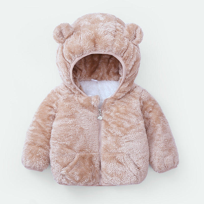 Stevvex pink bear-ear fleece hooded baby coat with zip front and pocket for babies and toddlers on Tampa Home & Garden Store