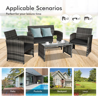 Juego de muebles de patio de ratán de 4 piezas con mesa de vidrio y sofá biplaza - Negro