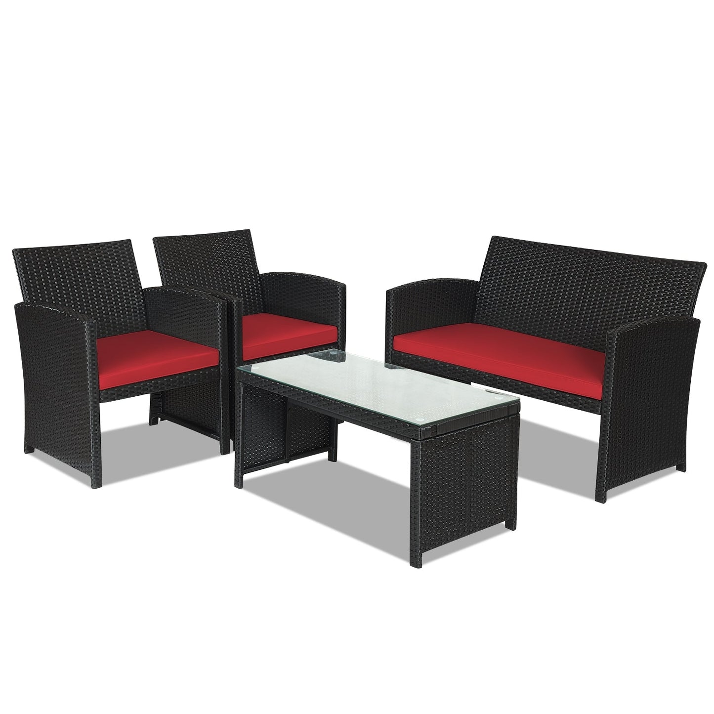 Juego de Muebles de Patio de Ratán de 4 Piezas con Cojines Resistentes al Clima y Mesa con Cubierta de Vidrio Templado-Azul Marino