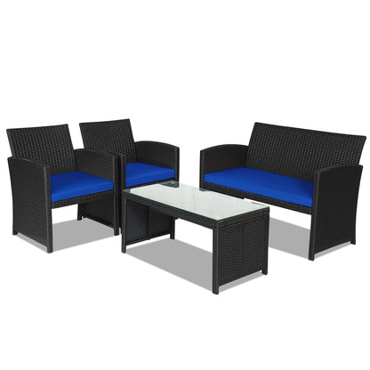 Juego de Muebles de Patio de Ratán de 4 Piezas con Cojines Resistentes al Clima y Mesa con Cubierta de Vidrio Templado-Azul Marino