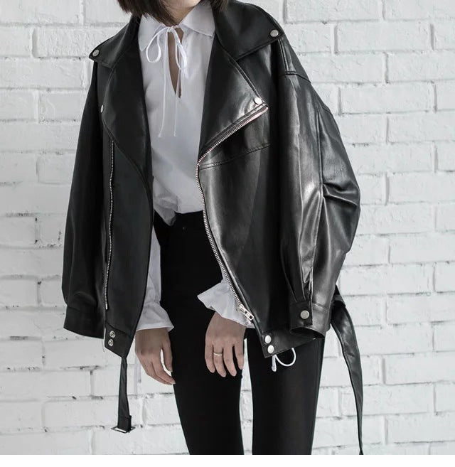 PU faux leather bomber jacket black oversized with belt and silver zippers Stevvex on Tampa Home & Garden Store