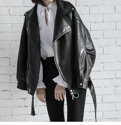 PU faux leather bomber jacket black oversized with belt and silver zippers Stevvex on Tampa Home & Garden Store