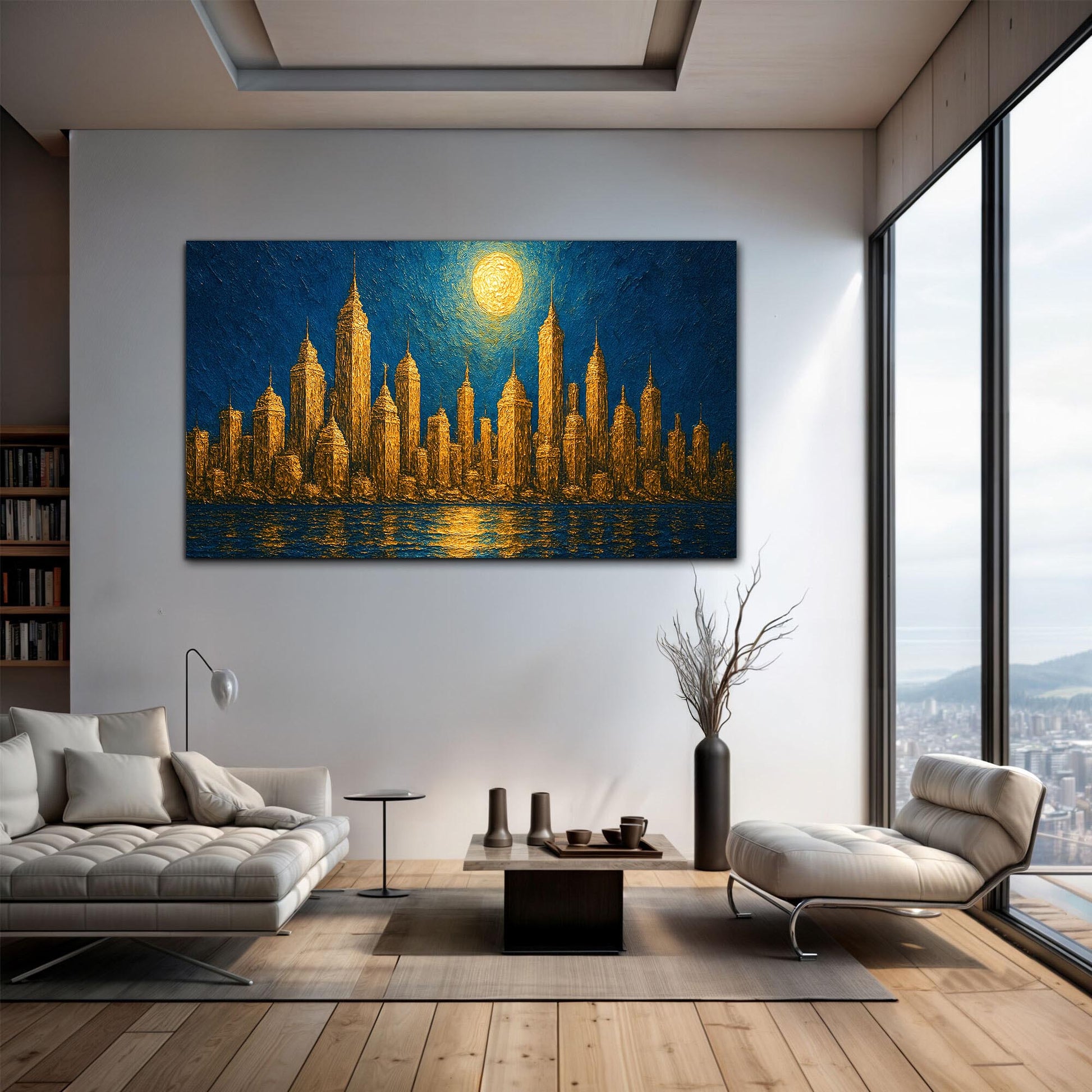 Golden Metropolis Cityscape Impasto Wall Art canvas blue sky gilded towers Tailored Canvases on Tampa Home & Garden Store
