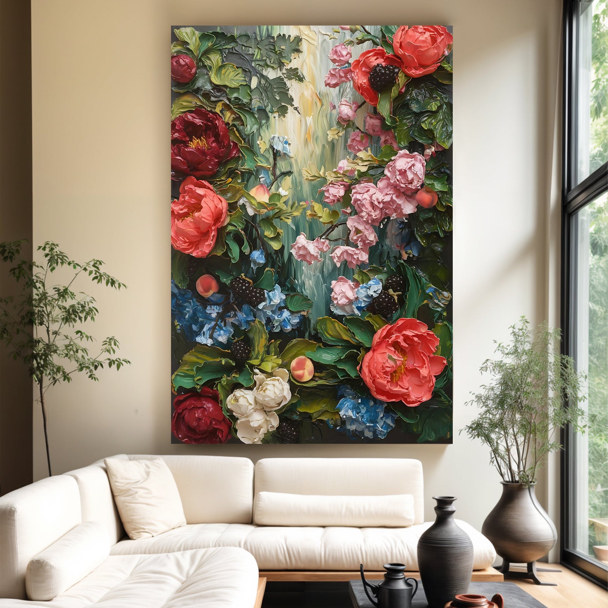 Garden Floral Wall Art by Tailored Canvases; vibrant red and pink blooms with green foliage on Tampa Home & Garden Store