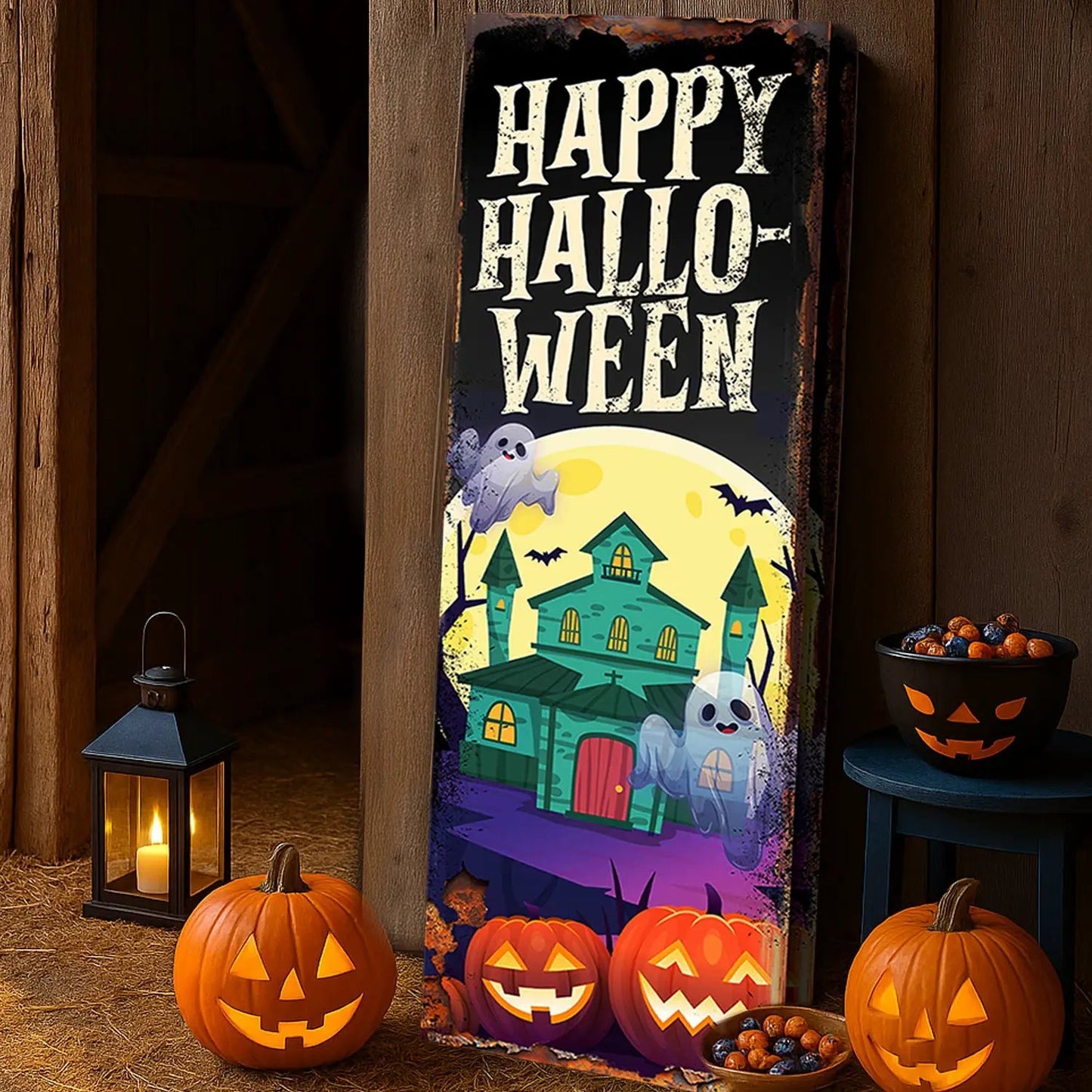 Halloween Welcome Sign canvas by Tailored Canvases showing a spooky haunted house scene with pumpkins on Tampa Home & Garden Store