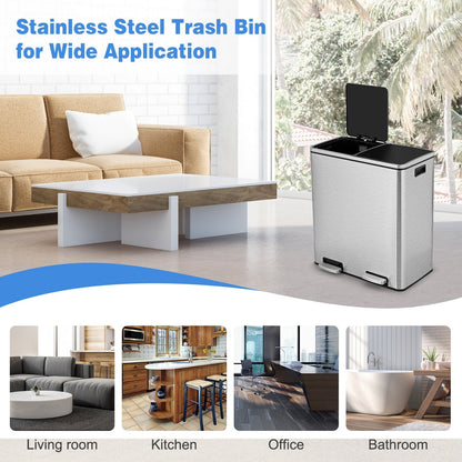Cubo de basura doble de 60 litros para reciclaje con pedal - Plateado