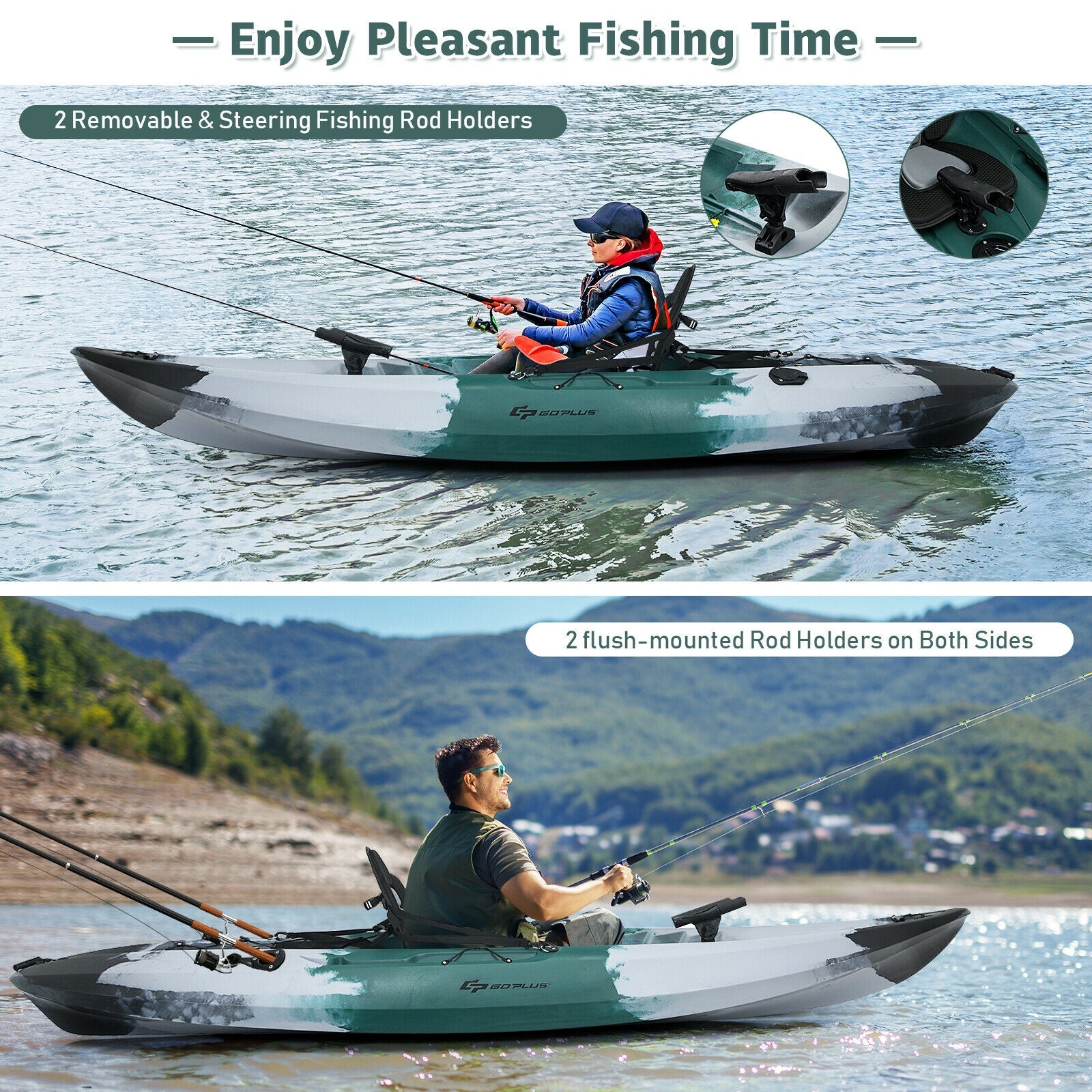 GemGear sit-on-top fishing kayak with gray-green hull, 2 removable rod holders and paddle on Tampa Home & Garden Store