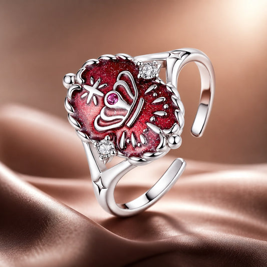 Sterling silver ring with enamel centerpiece, red glitter center and crystal accents on Tampa Home & Garden Store
