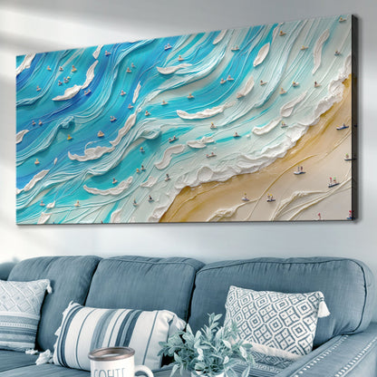Beach Days Wall Art V canvas by Tailored Canvases shows blue ocean waves and surfers on Tampa Home & Garden Store