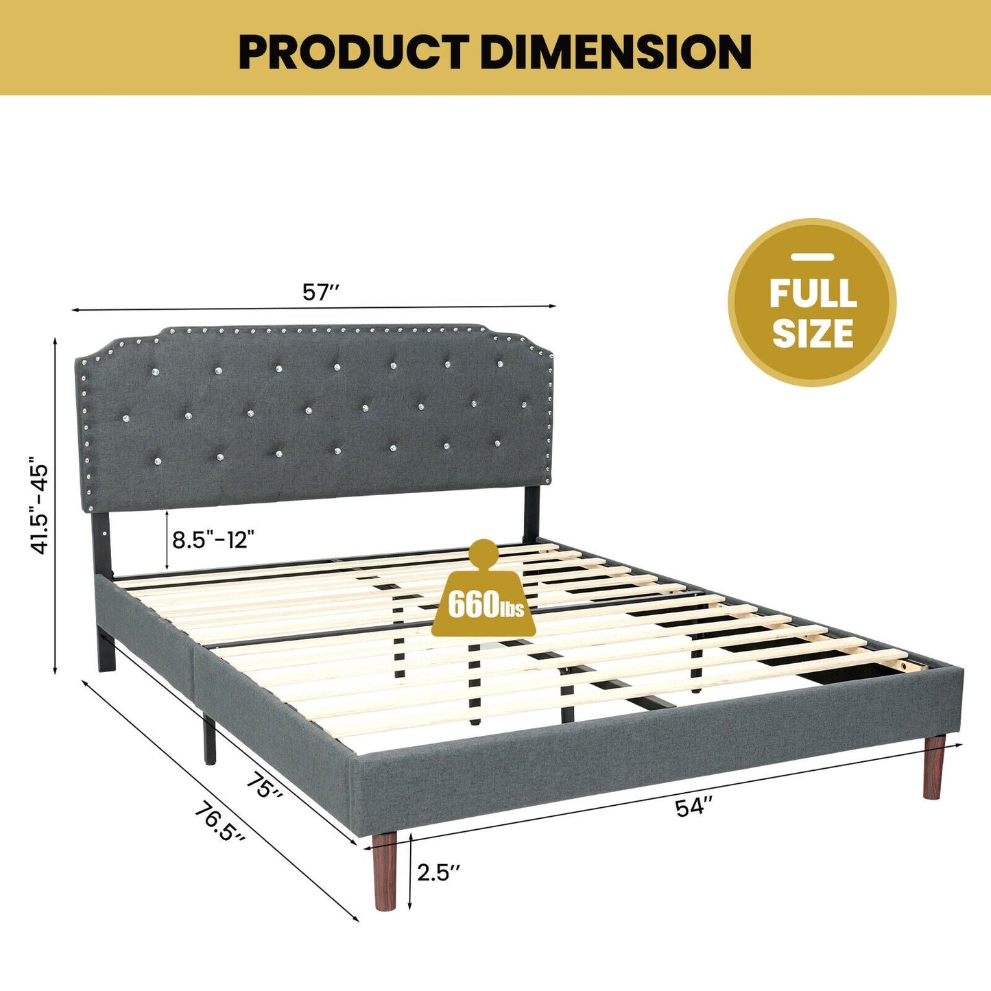 Base de cama tapizada con cabecera capitoné ajustable - Tamaño matrimonial