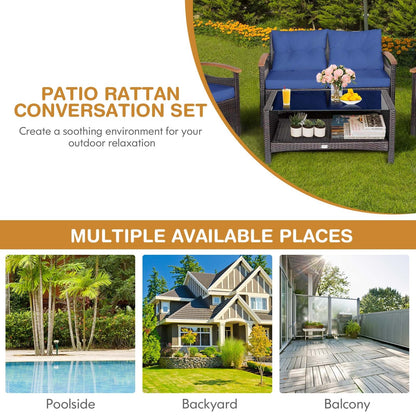 4 Pieces Patio Rattan Furniture Set with Cushioned Sofa and Storage Table-White