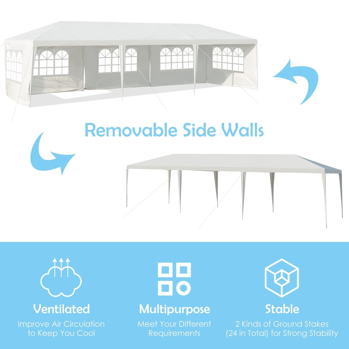 GemGear 10x30 ft white canopy tent with 5 removable sidewalls on Tampa Home & Garden Store