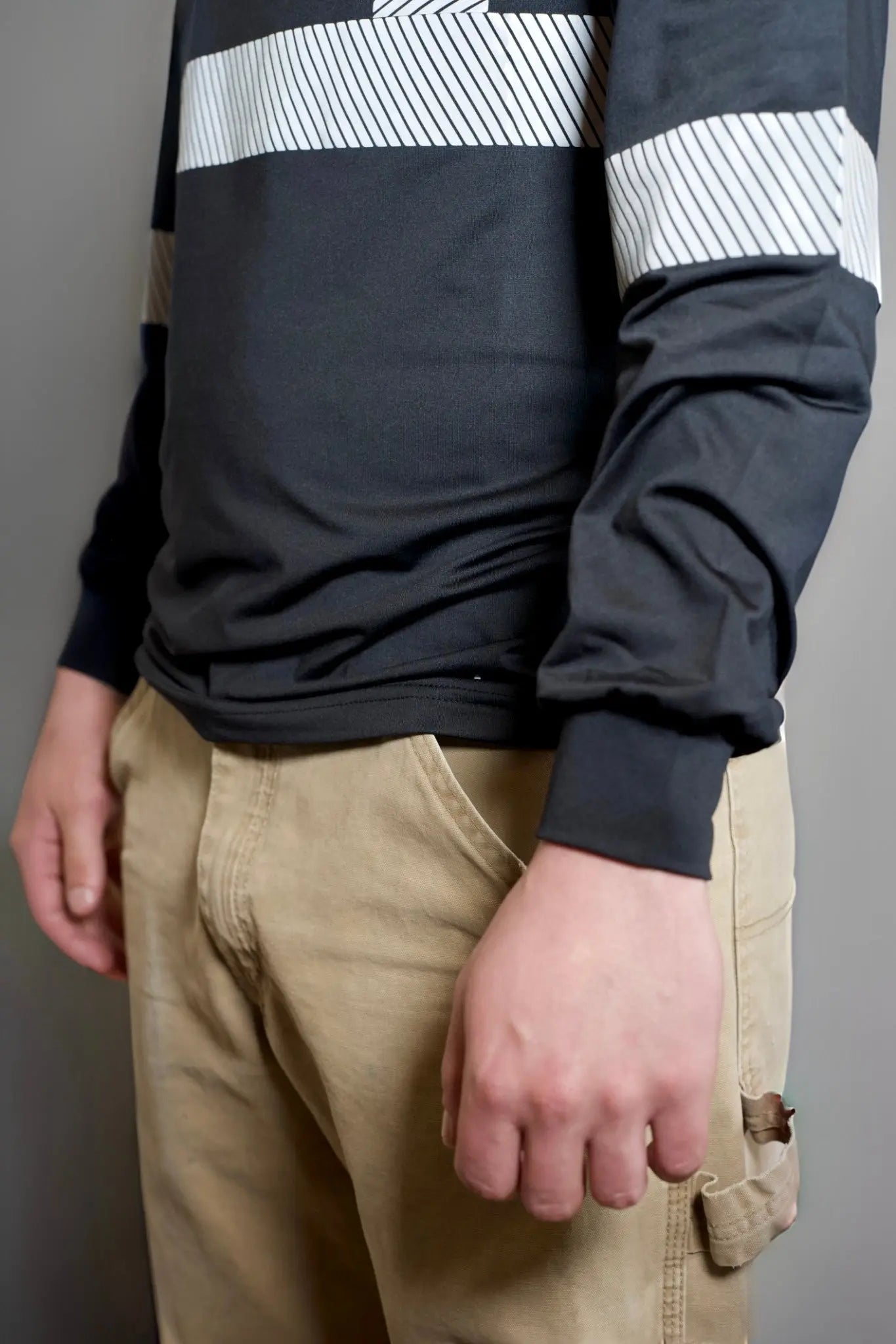Static FR Non FR Hi-Vis Long Sleeve Shirt Black with white diagonal chest band and sleeve stripe on Tampa Home & Garden Store