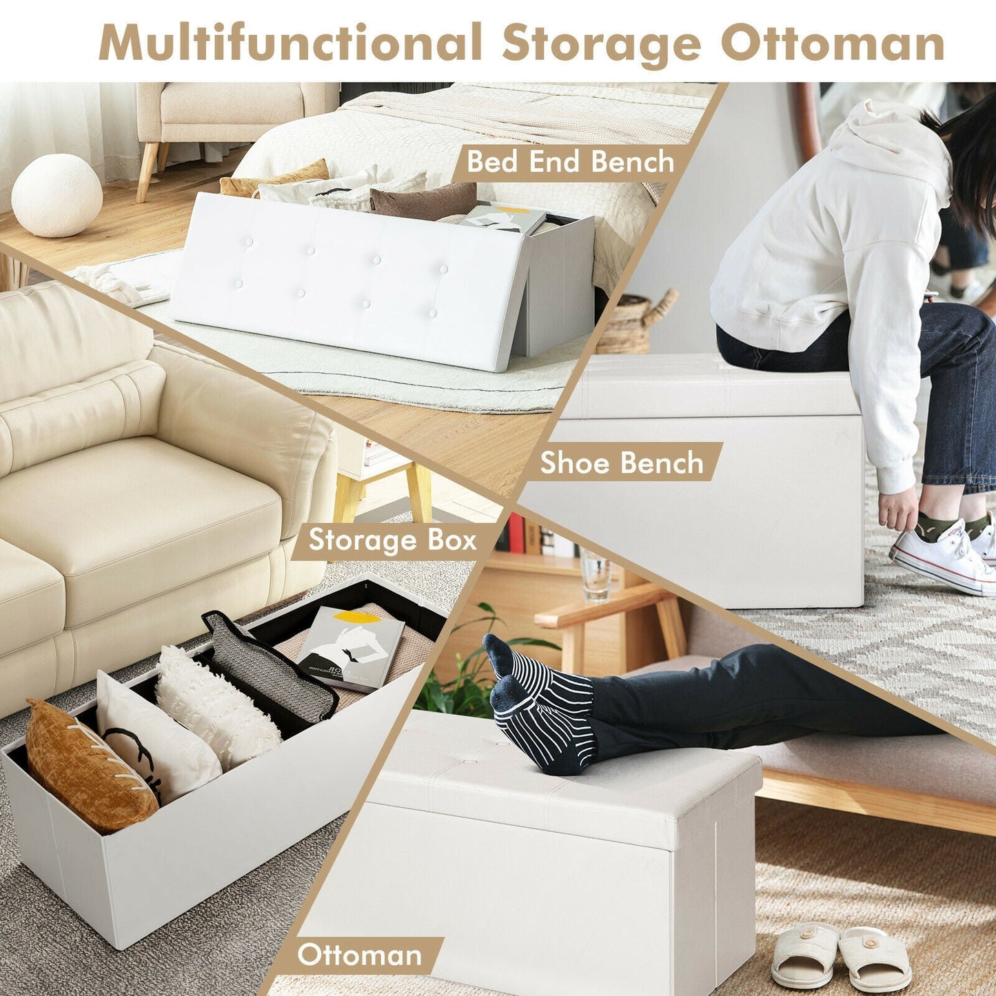 Asiento otomano plegable grande de 45 pulgadas con almacenamiento - Blanco