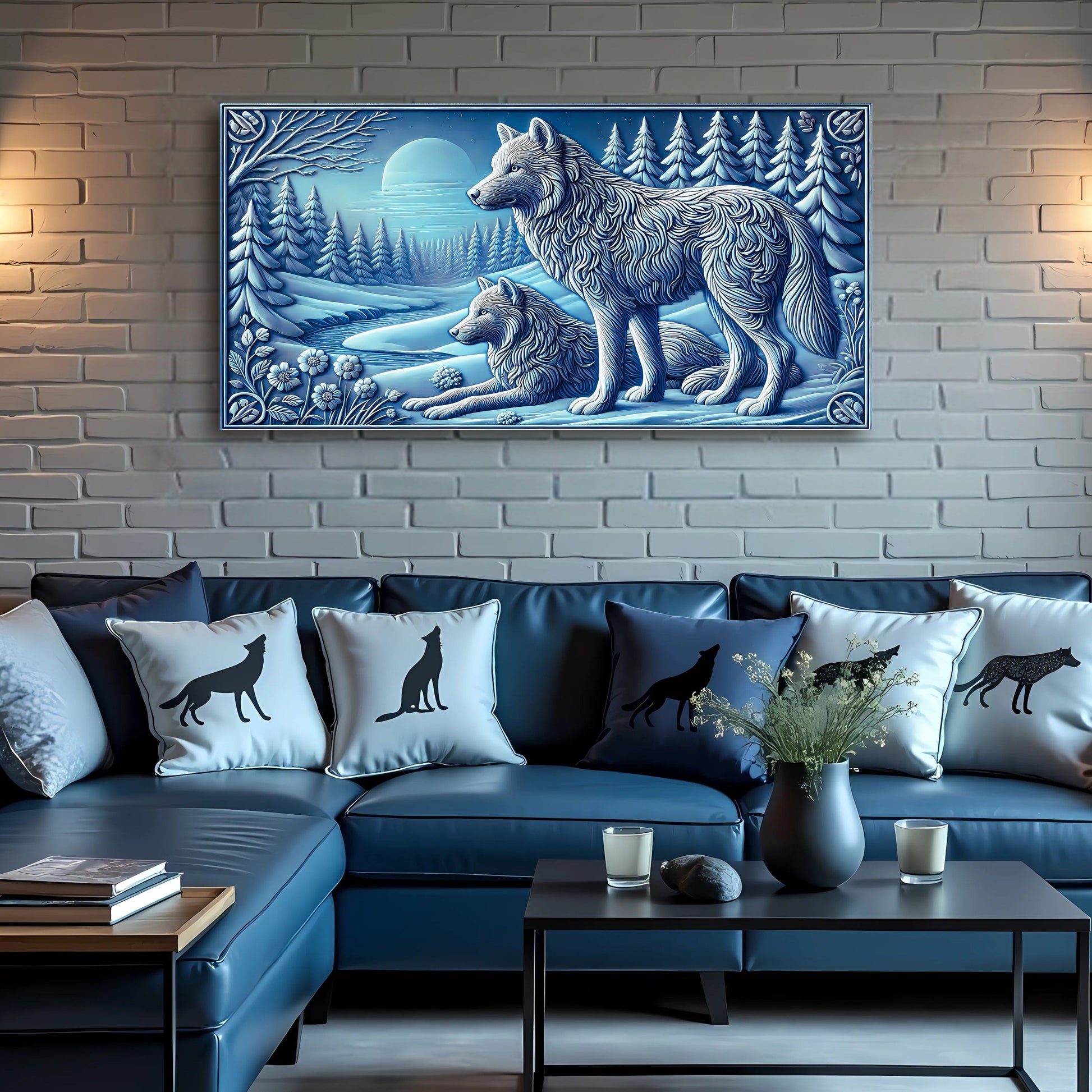 3D Wolves Wall Art VI canvas by Tailored Canvases blue-toned two wolves in forest scene on Tampa Home & Garden Store