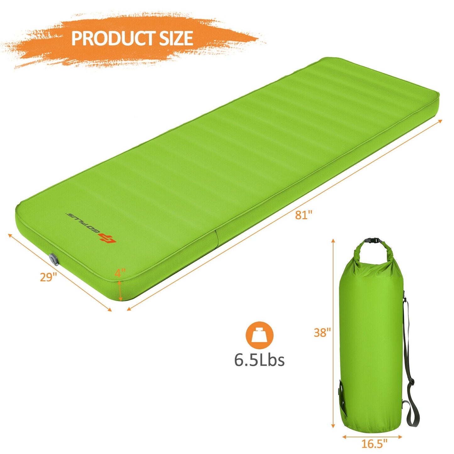 GemGear self-inflating camping sleeping pad lime green with carry bag 81in long on Tampa Home & Garden Store