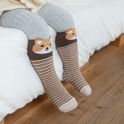 Unisex cotton baby socks 3 pairs by Stevvex, brown striped with corgi faces, warm socks on Tampa Home & Garden Store