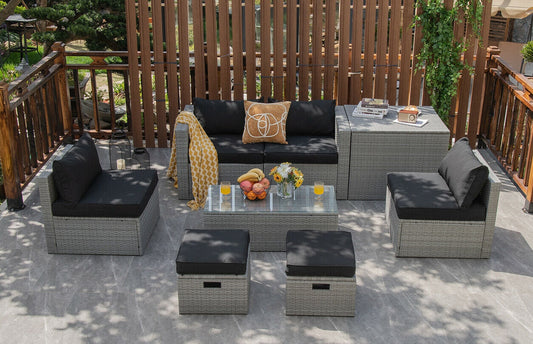 8 Pieces Patio Rattan Furniture Set with Storage Waterproof Cover and Cushion-Black - Tampa Home & Garden Store