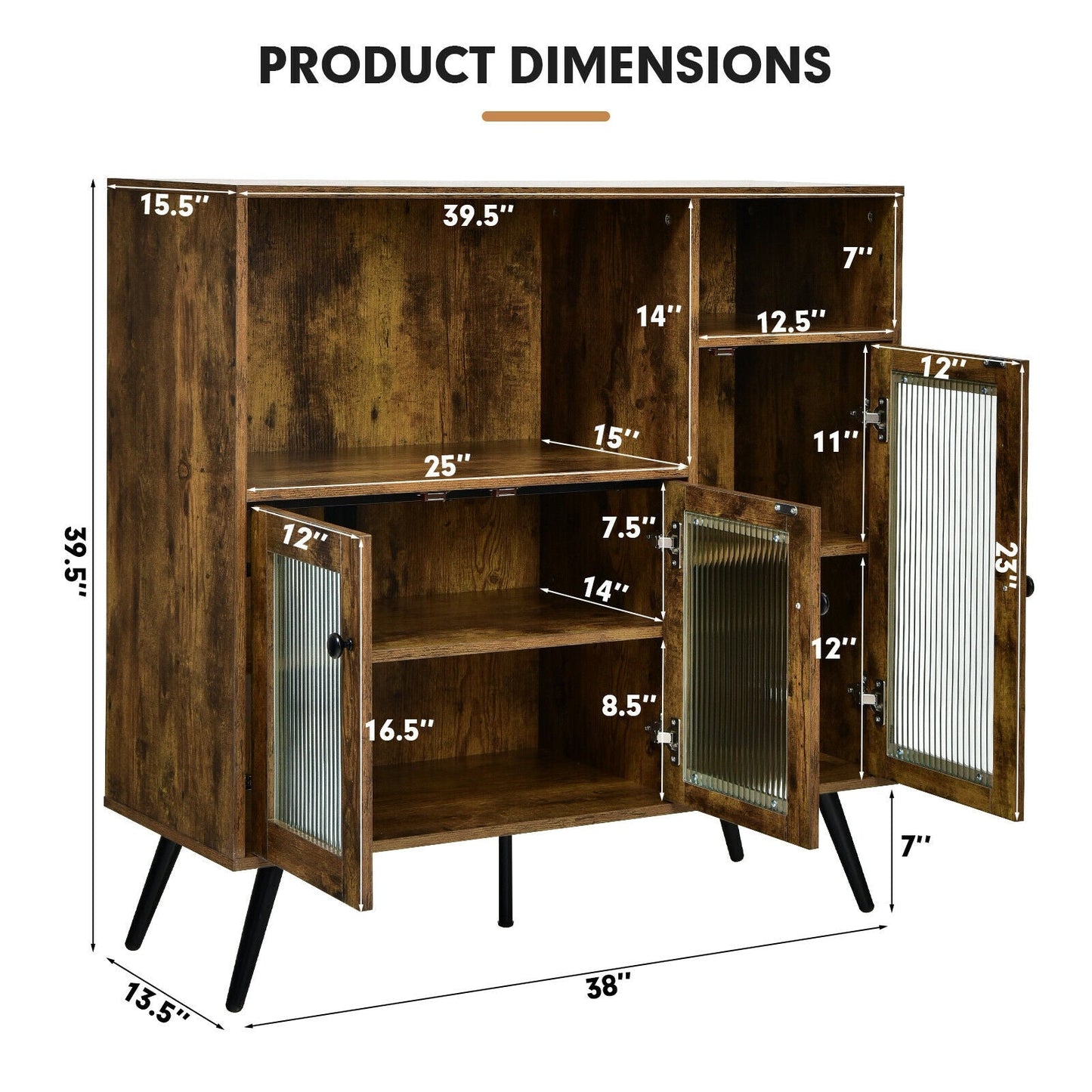 Aparador de cocina con puerta de cristal y estantes ajustables - Marrón rústico