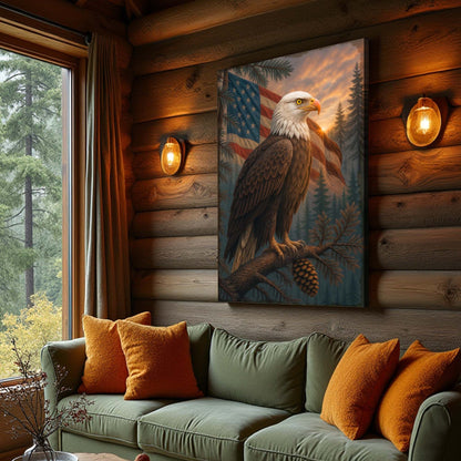Sentinel of the Pines Eagle Wall Art canvas, rustic cabin decor with eagle and flag backdrop on Tampa Home & Garden Store