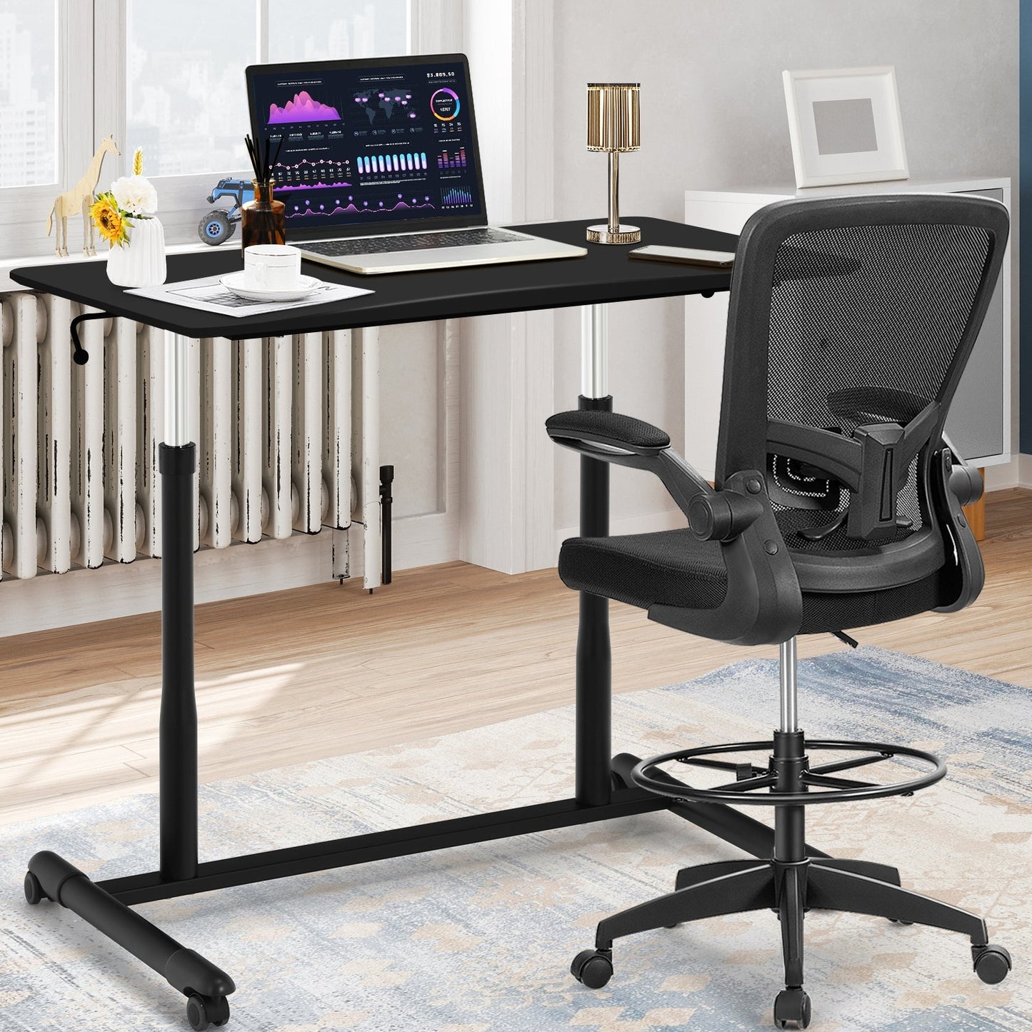 Escritorio de computadora ajustable en altura, mesa para portátil con ruedas para sentarse o pararse - Negro