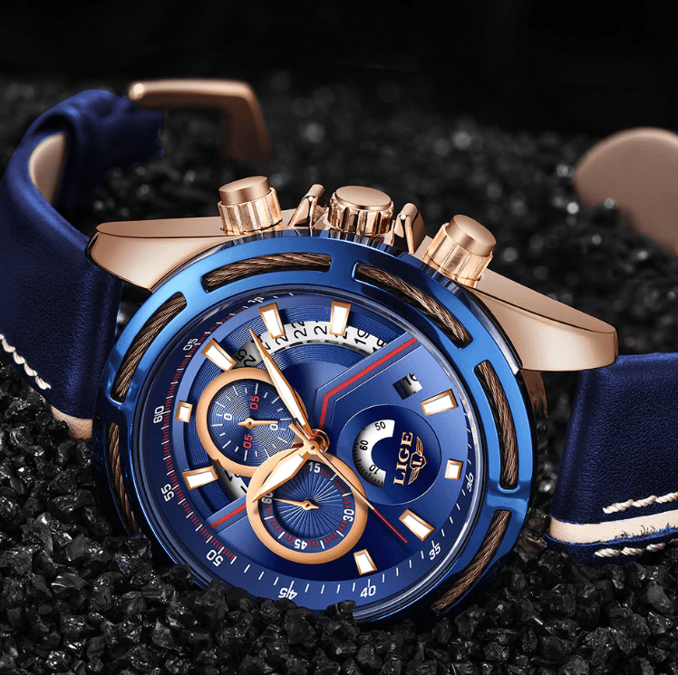 Men's waterproof sports watch by Stevvex with blue dial and leather strap on Tampa Home & Garden Store