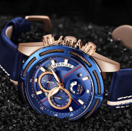 Men's waterproof sports watch by Stevvex with blue dial and leather strap on Tampa Home & Garden Store