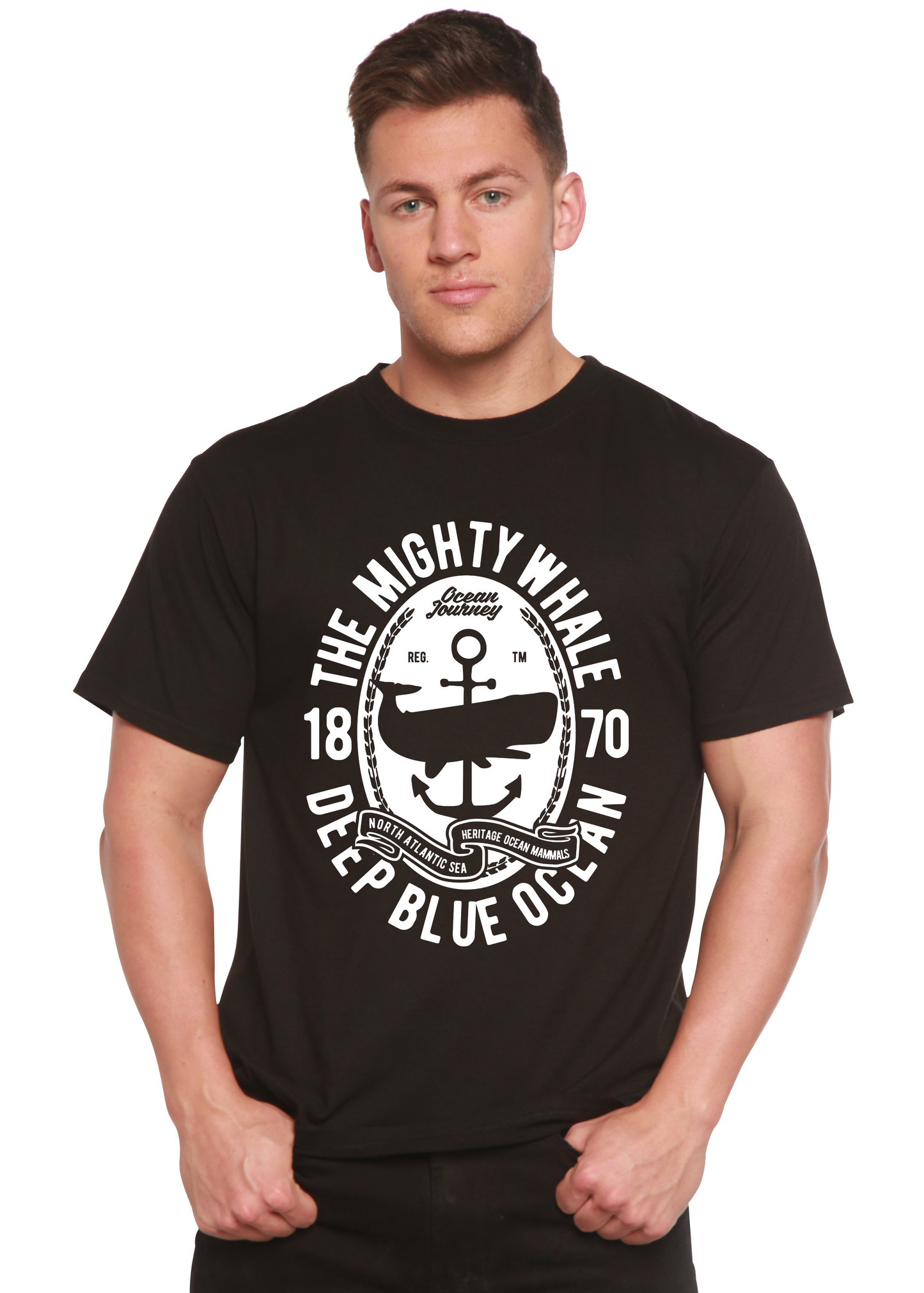 The Mighty Spun Bamboo men's graphic T-shirt in black with bold white circular design on Tampa Home & Garden Store