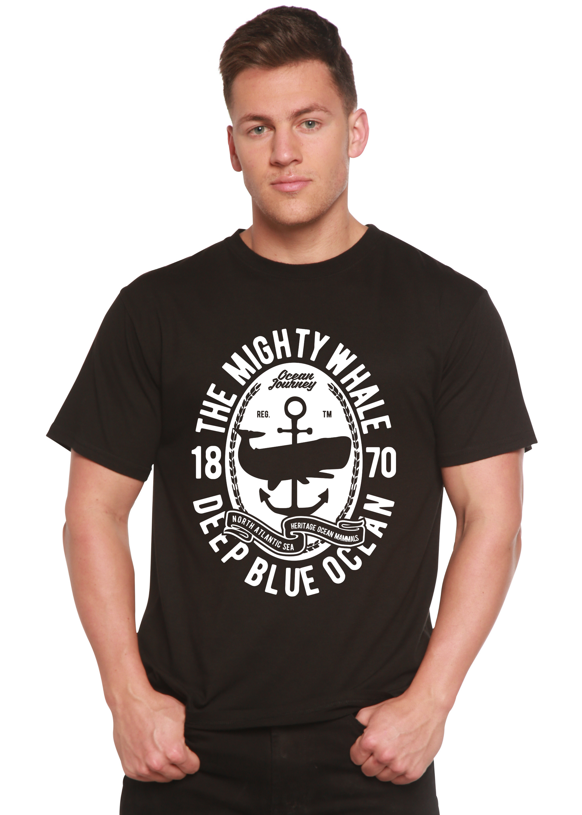 The Mighty Spun Bamboo men's graphic T-shirt in black with bold white circular design on Tampa Home & Garden Store