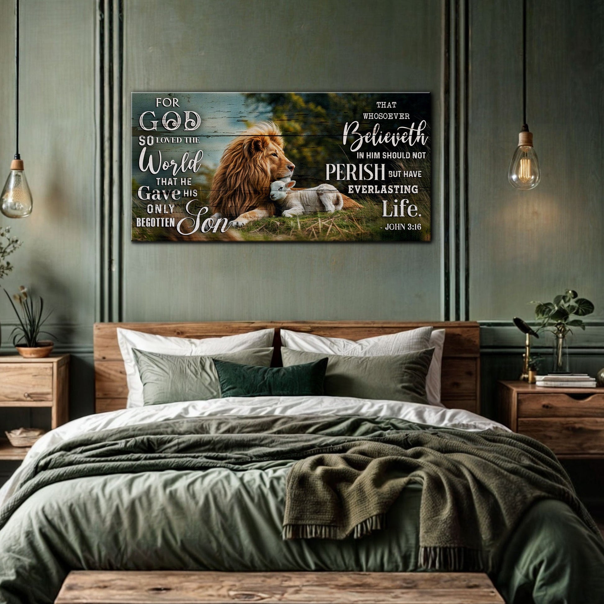 John 3:16 faith sign canvas by Tailored Canvases with lion and lamb on rustic blue backdrop on Tampa Home & Garden Store