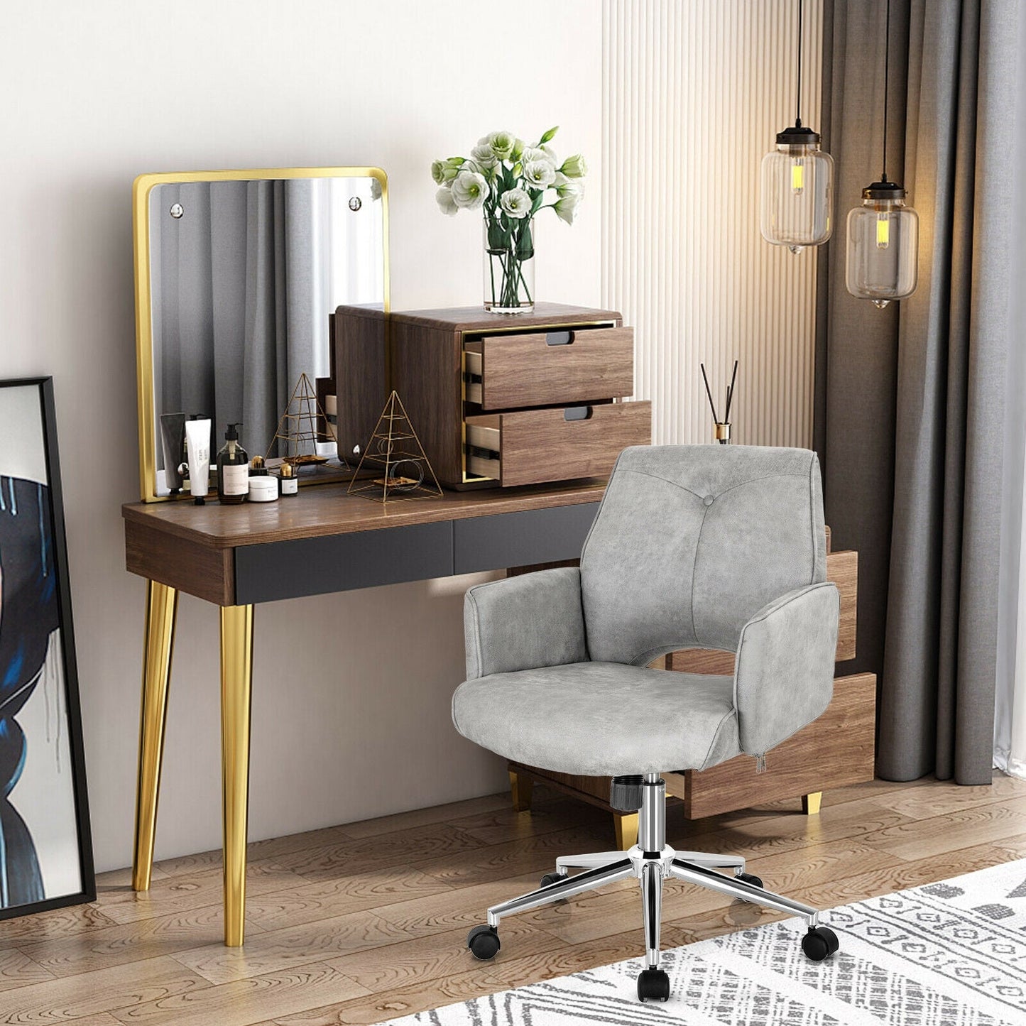 Silla de oficina de ocio con respaldo medio hueco ajustable con apoyabrazos - Gris