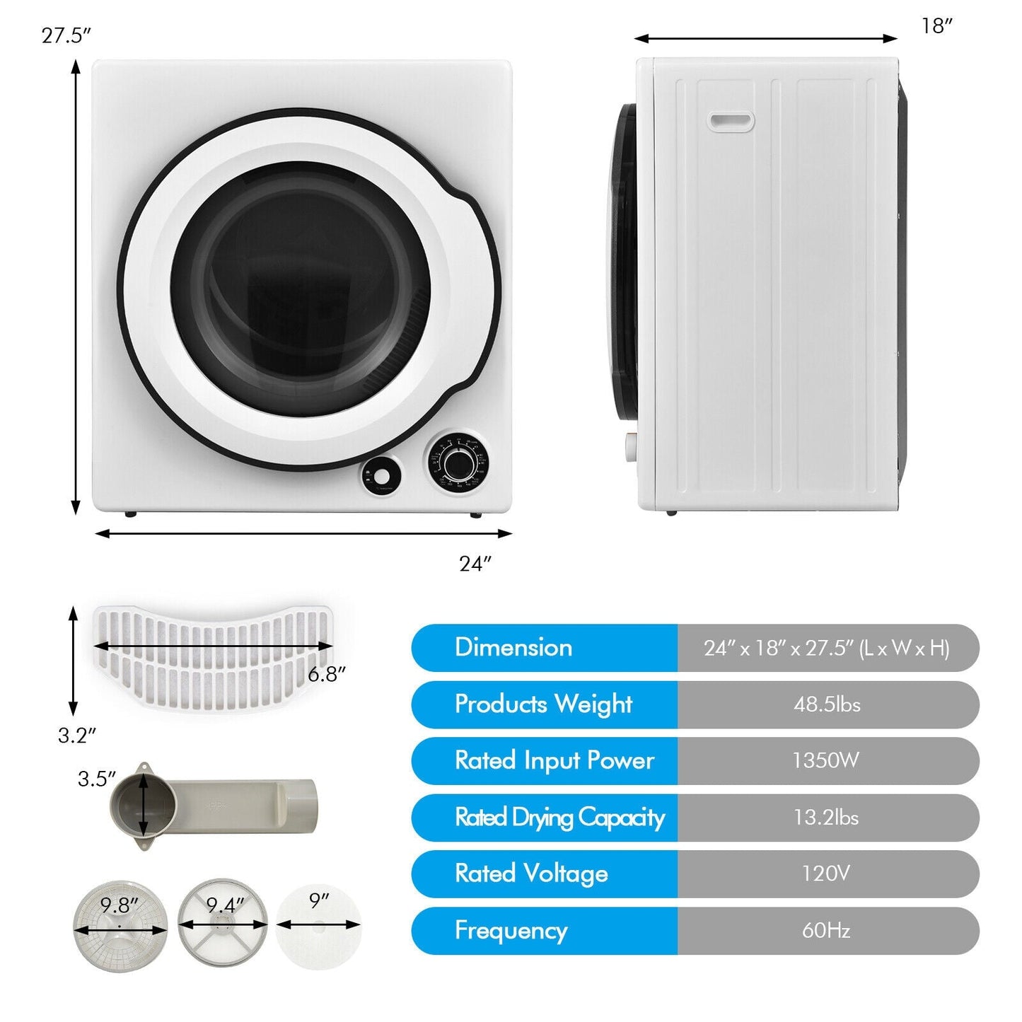 Secadora de ropa eléctrica compacta con tambor de acero inoxidable - Blanca