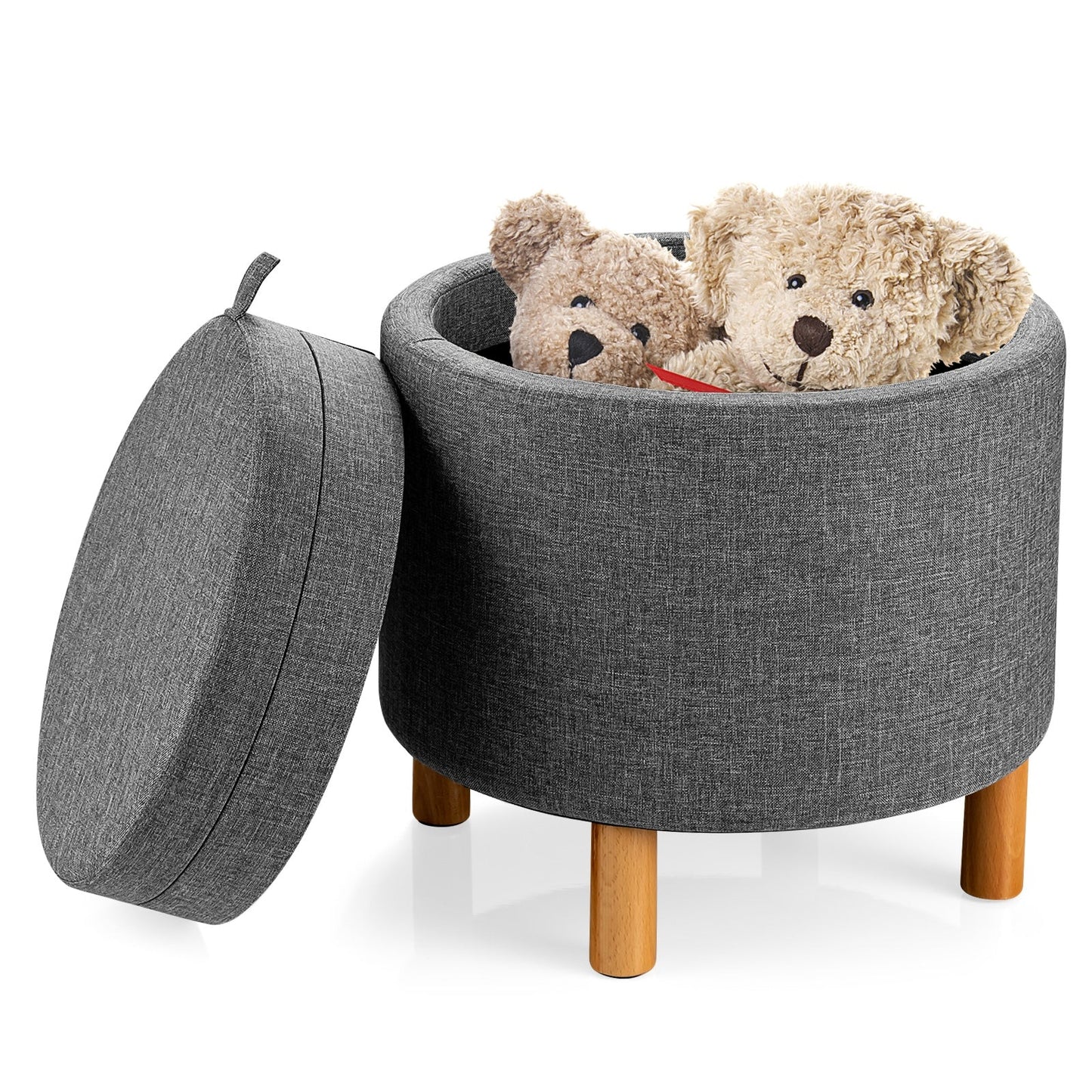 Round Fabric Storage Ottoman with Tray and Non-Slip Pads for Bedroom-Beige