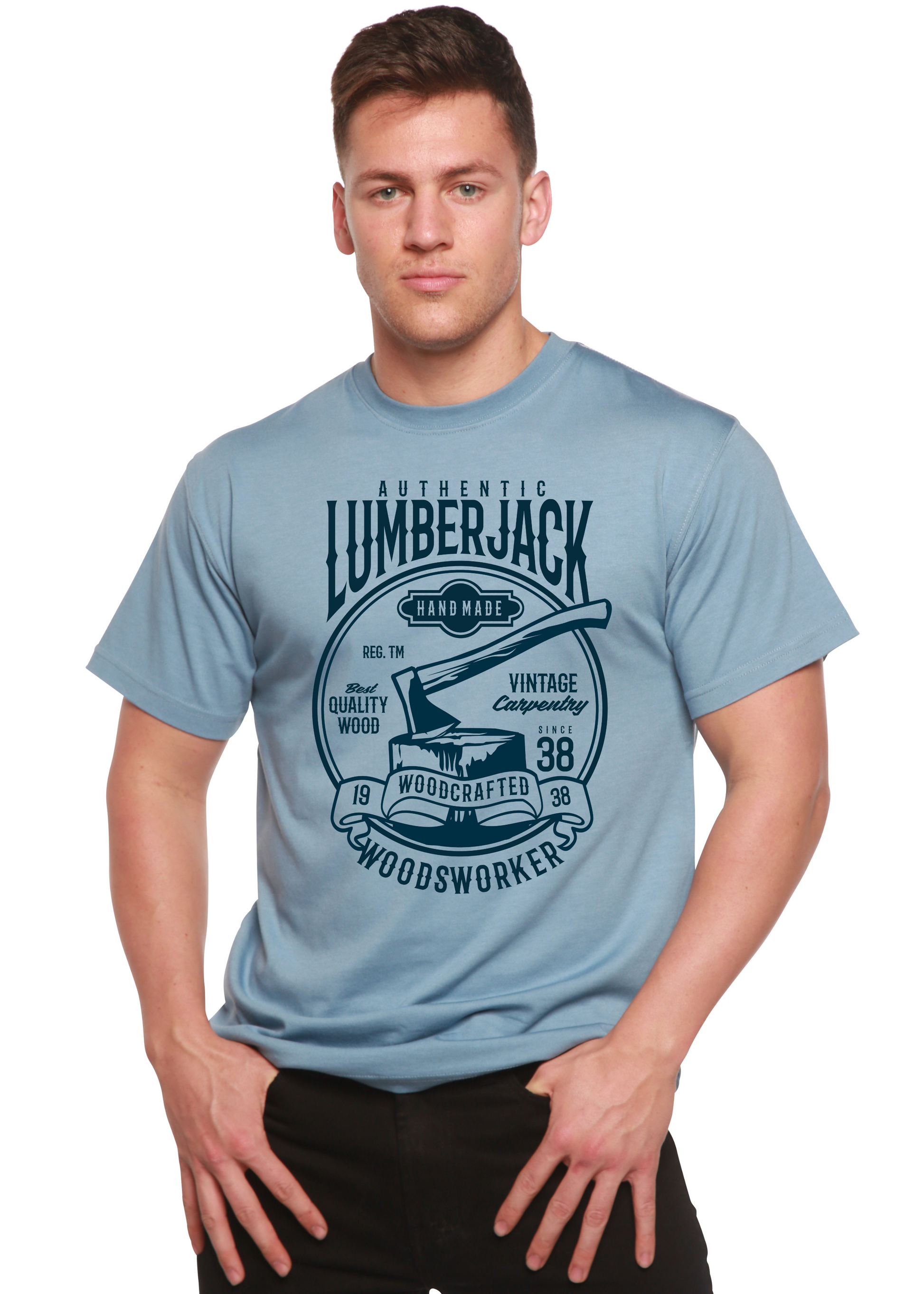 Lumberjack men's graphic tee by Spun Bamboo in light blue with circular vintage emblem and axe on Tampa Home & Garden Store