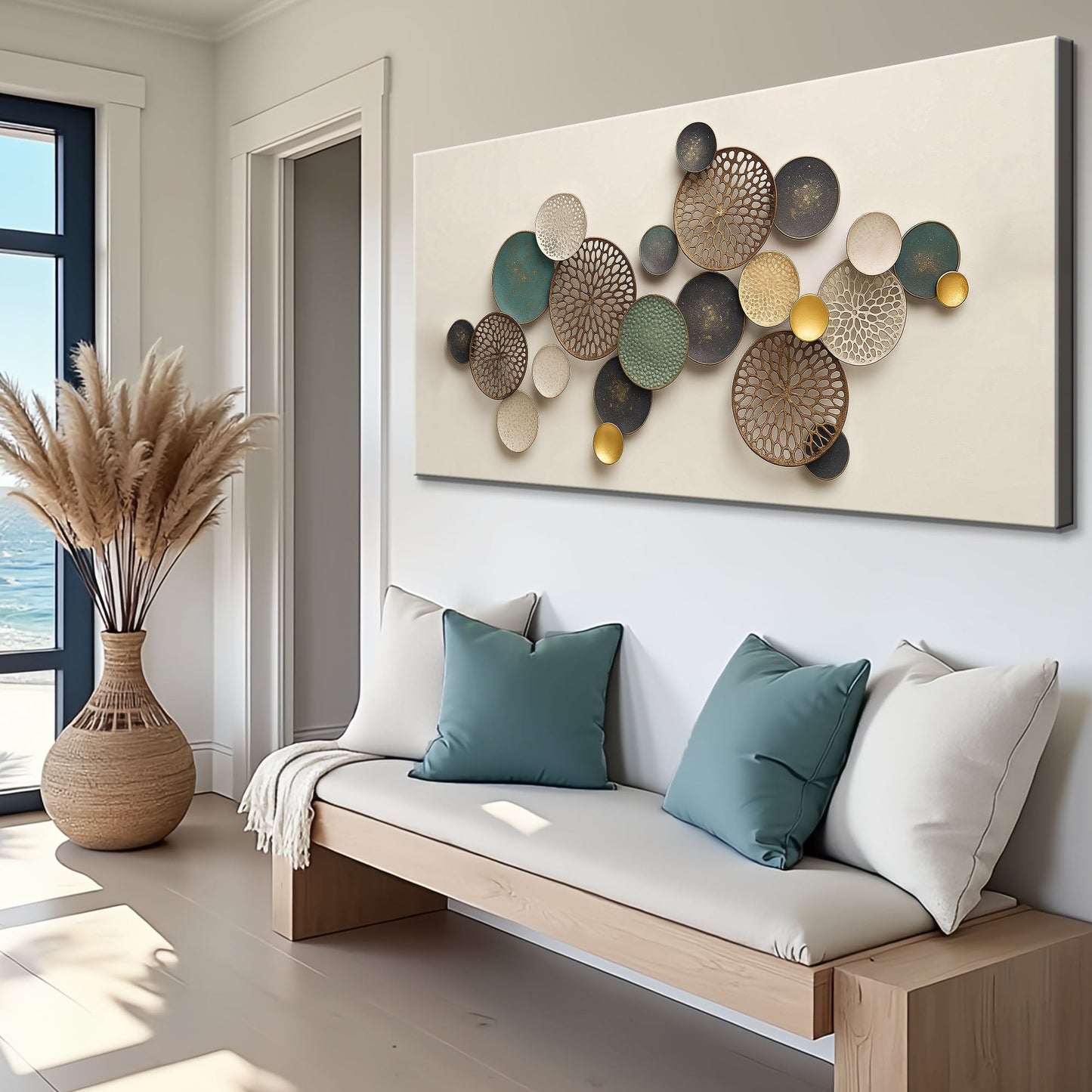 Lotus Leaf Abstract Wall Art II canvas by Tailored Canvases; discs in bronze teal gold on Tampa Home & Garden Store