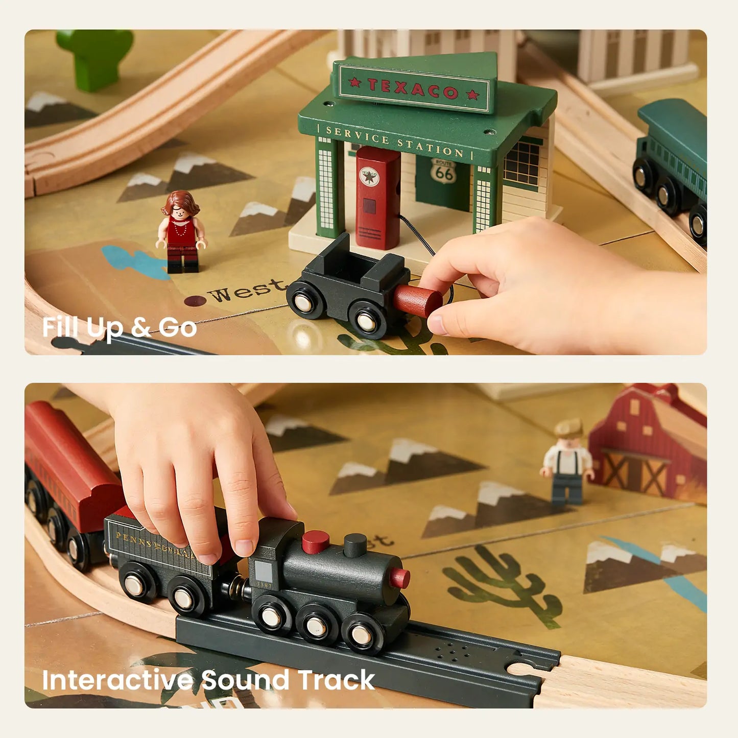 Tiny Land 1920 Railway Adventure train set with Texaco service station on wooden tracks on Tampa Home & Garden Store