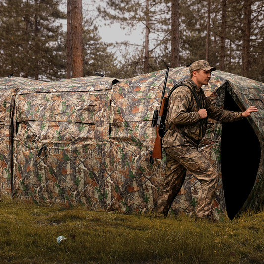 2-6 person side-by-side camouflage hunting blinds with see-through windows on Tampa Home & Garden Store
