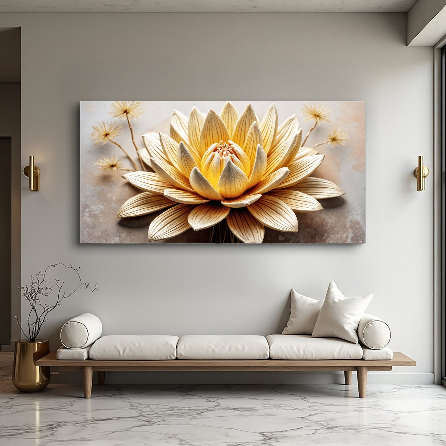 Golden Lotus Minimalist Wall Art II canvas by Tailored Canvases with warm yellow petals on Tampa Home & Garden Store